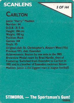1988 Scanlens VFL #5 Justin Madden Back